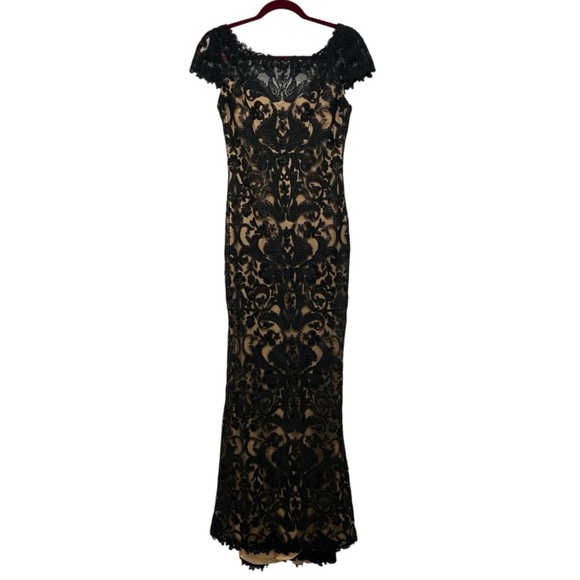 Tadashi Shoji Black Lace Boat Neck Cap Sleeve Full Length Evening Gown Women’s 2 - Picture 3 of 12